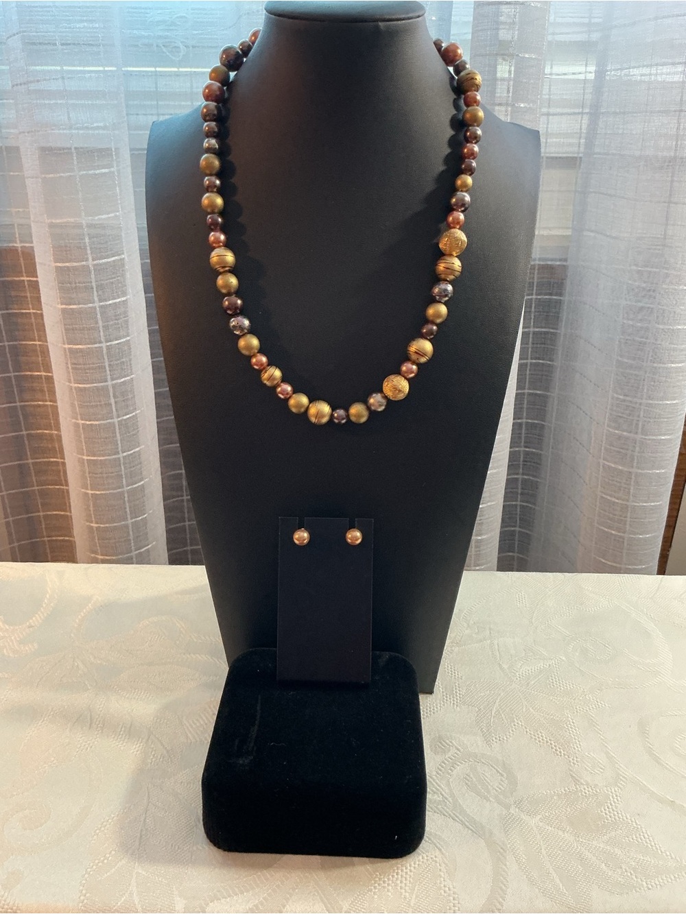 Bronze Faux Pearl Antique Gold, Copper and Bronze Necklace and Earring Set